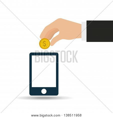 hand putting coin on smarphone, vector illustration