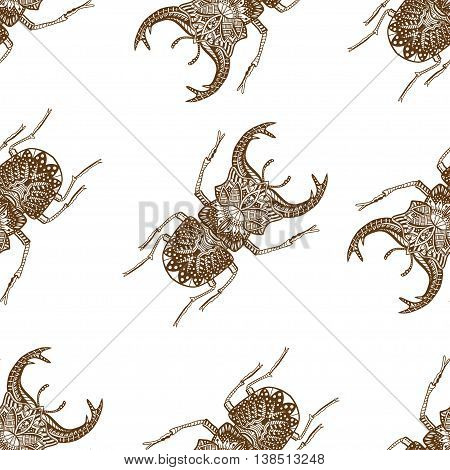 Monochrome Hand drawn seamless pattern with deer beetle. Brown and white vector illustration
