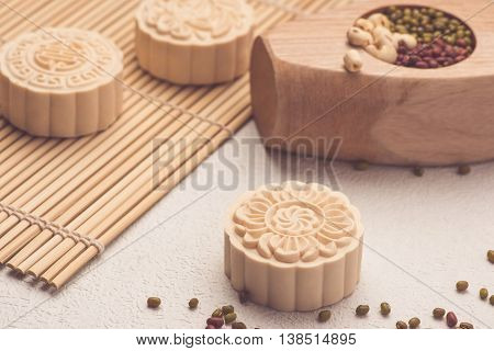 Snowy skin mooncakes. Chinese mid autumn festival raditional foods. mooncakes.