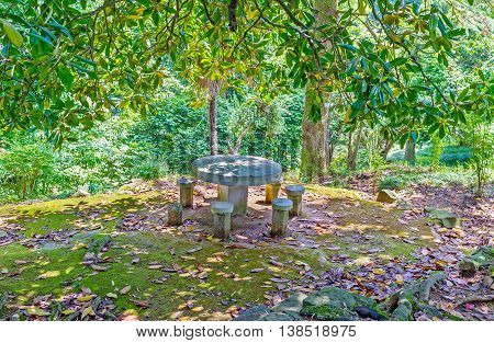 The stone table and chairs in shade of trees is the best place to relax during the visiting of Botanical Garden Batumi Georgia.