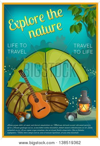 Exploration of nature poster with camping outfit guitar camera green branch on night forest background vector illustration