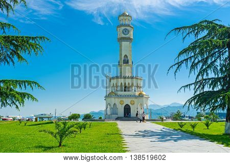 BATUMI GEORGIA - MAY 25 2016: The Chacha Tower is famous for its fountain pools for ten minutes every day the fountains spout Chacha strong Georgian alcohol on May 25 in Batumi.