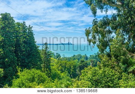 The silhouette of Batumi city on horizon from its Botanical Garden Georgia.