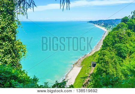 The coastline of the Black Sea from the hill of Botanical Garden in Batumi Georgia.