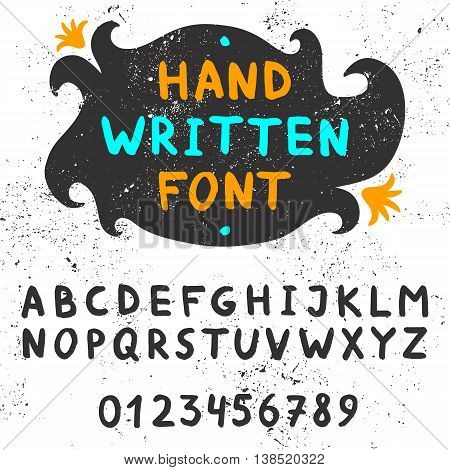 Handwritten font. Authentic ink alfabet and numbers. For titles headings. Vector illustration.