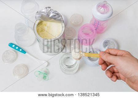 Hand Is Prepairing Milk Formula For Feeding Baby From Bottle.