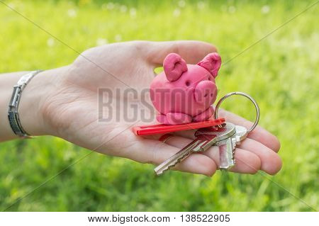 Hand Holding Piggy And Keys As Symbol Of Savings And Mortgage