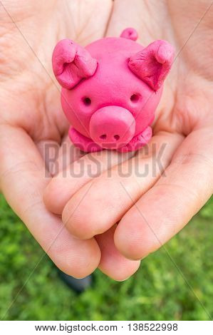 Hands holding pink piggy as moneybox. Savings concept.