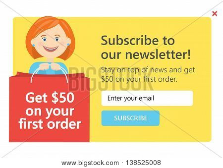 Vector template for email subscribe with cartoon woman. On shopping theme.
