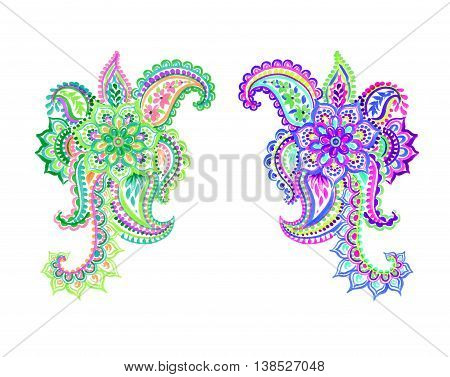 colorful isolated paisleys with flowers and lace. Hand drawn watercolor decor motives. Traditional indian design elements