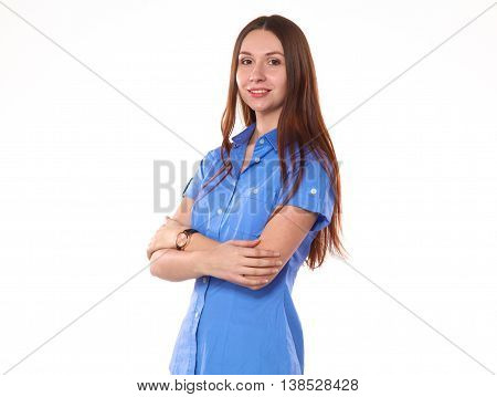 young girl standing on a white background.