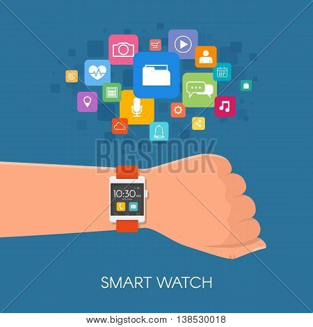 Hand with smart watch. Vector illustration in flat style. Design elements and app icons.