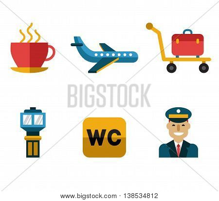 Airport icons flat set with baggage check airplane security control isolated illustration