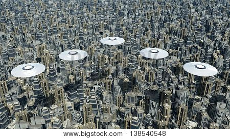 Computer generated 3D illustration with flying saucers over a megacity