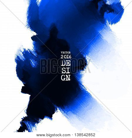 Abstract stylish background blue ink paint. Blue blot isolated on white square. Grunge watercolor banner. Painting. Wallpaper with empty space for your text. Vector illustration.