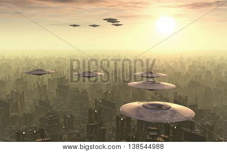 Computer generated 3D illustration with flying saucers over a megacity