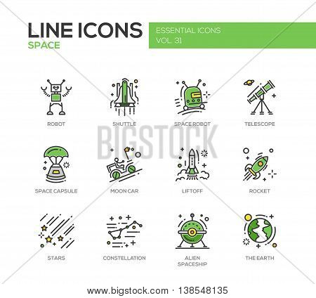 The Space - modern vector line design icons and pictograms set. Robot, shuttle, telescope, capsule, moon car, liftoff, rocket, stars, constellation alien spaceship earth