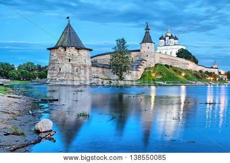 Pskov Kremlin and Ploskaya tower in the evening Russia