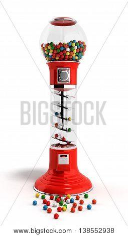 Red Vintage Gumball Dispenser Machine Made Of Glass And Reflective Plastic With Chrome Trim Filled W