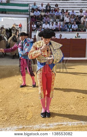 Pozoblanco Spain - September 24 2010: The spanish bullfighter Antonio Ferrera at the paseillo or initial parade during a bullfight in the Bullring of Pozoblanco Spain