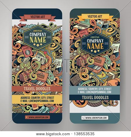 Cartoon cute colorful vector hand drawn doodles travel corporate identity. 2 verical journey banners design. Templates set
