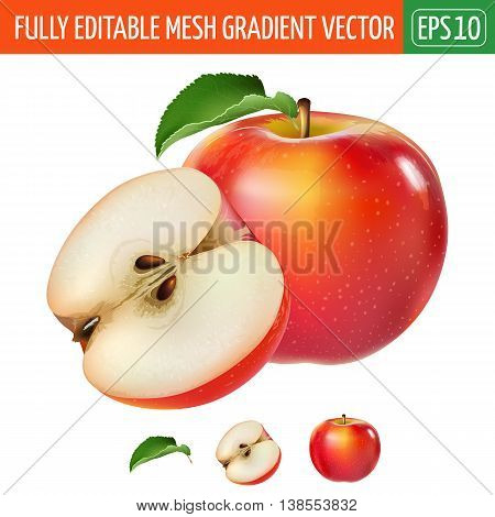 Red apple with leaves. Isolated illustration on white background.