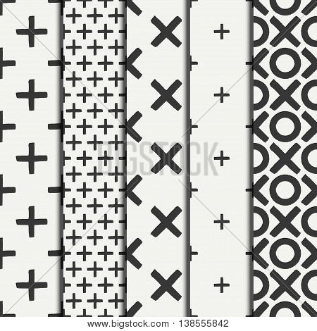 Set of hand drawn geometric seamless ink pattern brush strokes. Wrapping paper. Abstract vector background. Brush strokes. Texture with crosses or pluses. Dry brush. Rough edges illustration.