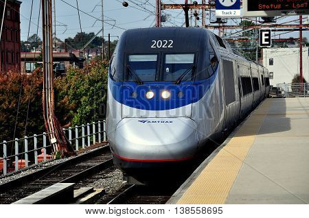 Wilmington Delaware - October 20 2015: AMTRAK's Acela Train #2160 arriving on Track 2 at the Wilmington Train Station
