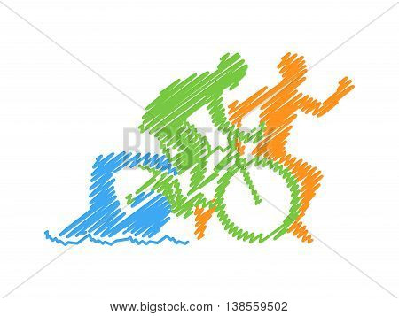 Vector line design concept for triathlon. Colored linear silhouette triathlete. Open path.