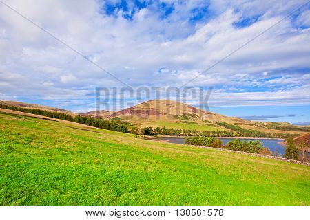 Landscape Scenery Of Green Valley, Hill, River And Cloudy Blue Sky