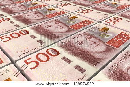 Swedish kronor bills stacks background. 3D illustration.