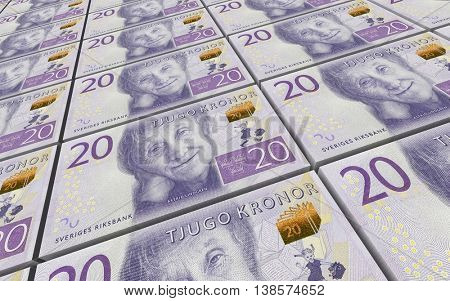 Swedish kronor bills stacks background. 3D illustration.