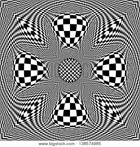 Black and white checkered background. Radially symmetrical pattern. Distorted space. Vector eps10