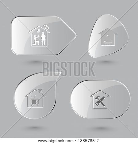 4 images: home affiance, hotel, tv, workshop. Home set. Glass buttons on gray background. Vector icons.