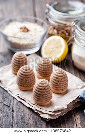 Traditional Bee Nest Cake On Wooden Background