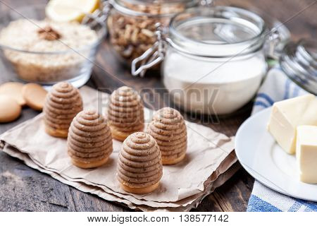 Traditional Bee Nest Cake On Wooden Background