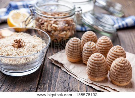 Traditional Bee Nest Cake On Wooden Background