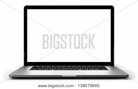 Laptop with blank screen isolated on white background, silver aluminium body, high detailed, realistic, whole in focus. 3D rendering.