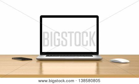 Laptop on a table with an empty, rectangular screen to insert images, whole in focus. 3D rendering.