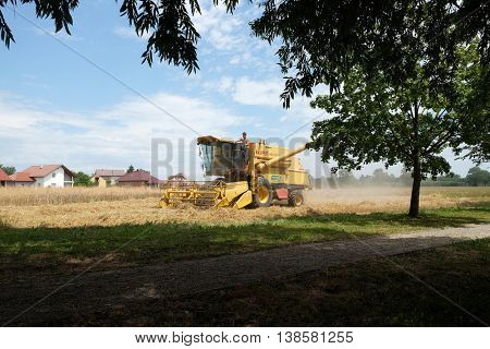TRNOVEC, CROATIA - JULY 09, 2016: Combine harvester harvest ripe wheat on a farm in Trnovec, Croatia on July 09, 2016