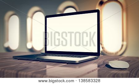 Laptop with blank screen on wood table - notebook whole is sharp. 3D rendering