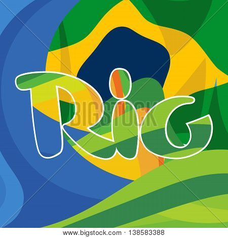 Abstract rio logo over Brasil national colors background. Digital vector image.