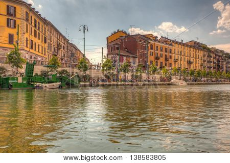 MILAN ITALY - JUNE 05: View of Darsena wet dock in Milan on June 05 2016
