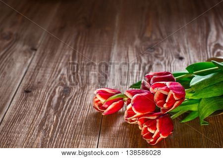 lovey red tulps. Flowers on wooden background. Copy space. Top view.
