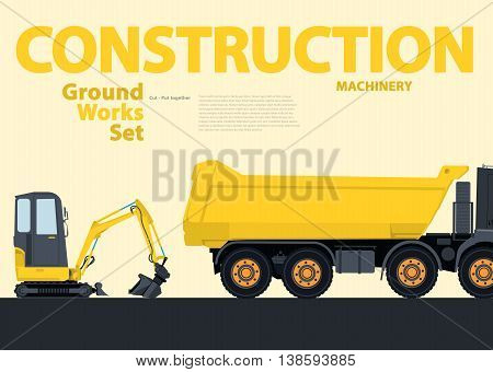 Yellow set of construction machinery machines vehicles, excavator. Construction equipment for building. Truck, Digger, Crane, Bagger, Mix, master vector illustration, nice ground works typography page