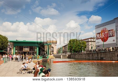 MILAN ITALY - JUNE 05: View of Darsena wet dock in Milan on June 05 2016