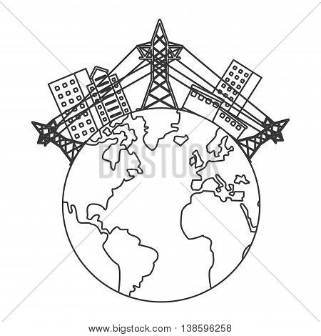 flat design earth globe with buildings and electricity towers icon vector illustration