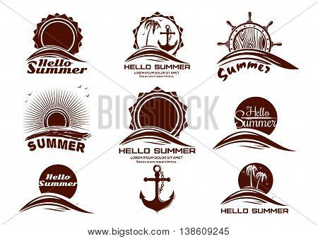 Sun and sea icons set. Hello Summer. Set of summer holidays labels with sun sea waves dawn seagulls palm trees anchor ship's helm and lettering. Vector icons isolated on white background