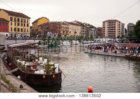 MILAN ITALY - JUNE 12: View of Darsena wet dock in Milan on June 12 2016