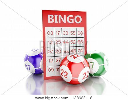 3d renderer image. Red bingo card with bingo balls. Isolated white background.